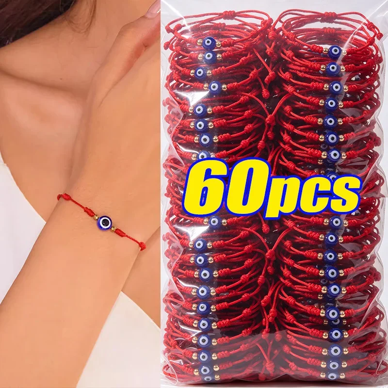 6-60pcs Fashion Blue Evil Eye Lucky 7 Knots Red String Bracelet for Couple Adjustable Handmade Braided Bracelet Friendship Gift