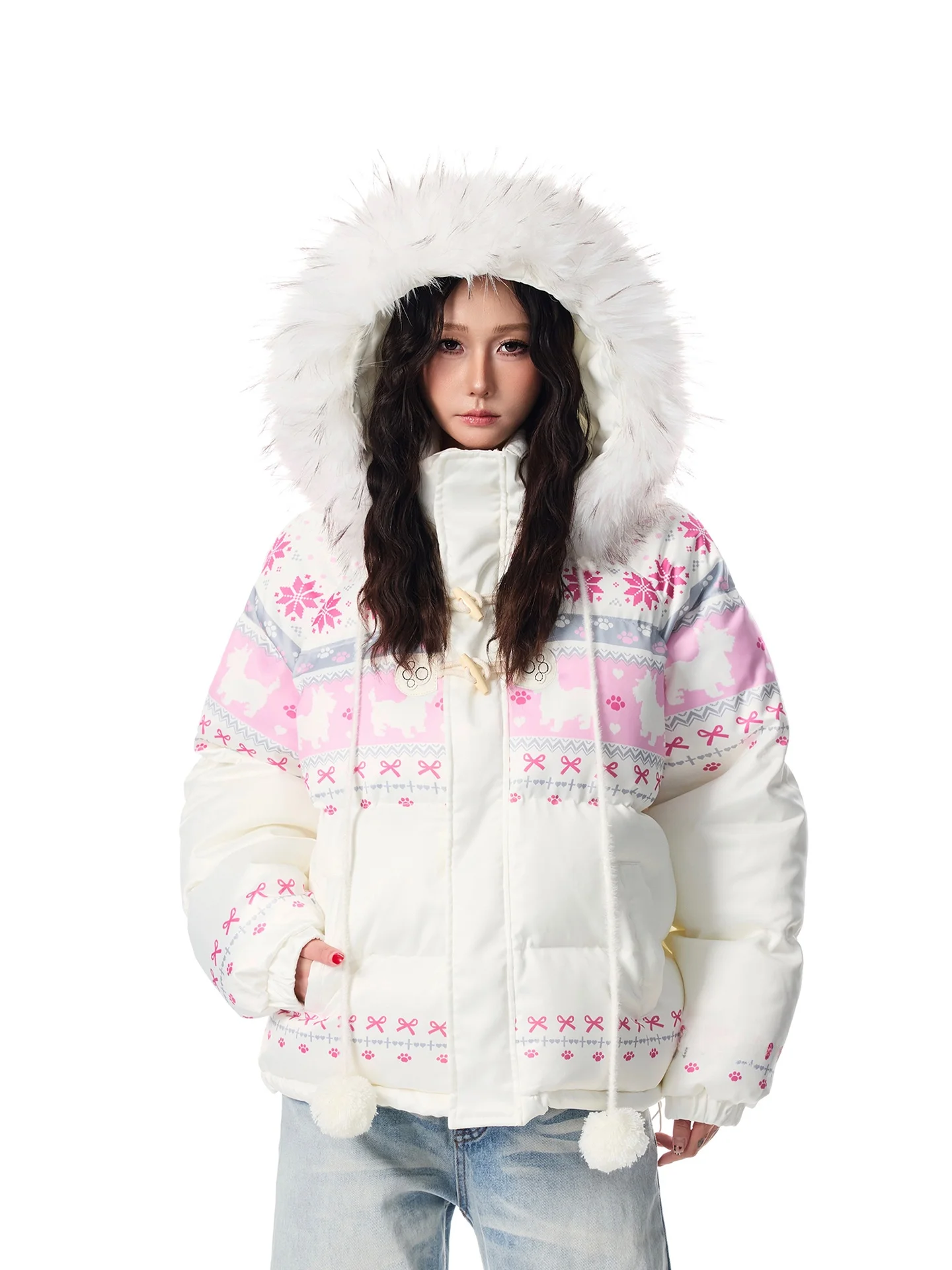 

SREK, новое зимнее пальто с капюшоном и принтом Sle Fair Isle, женское теплое свободное пальто с хлебом, хлопковая одежда с меховым воротником