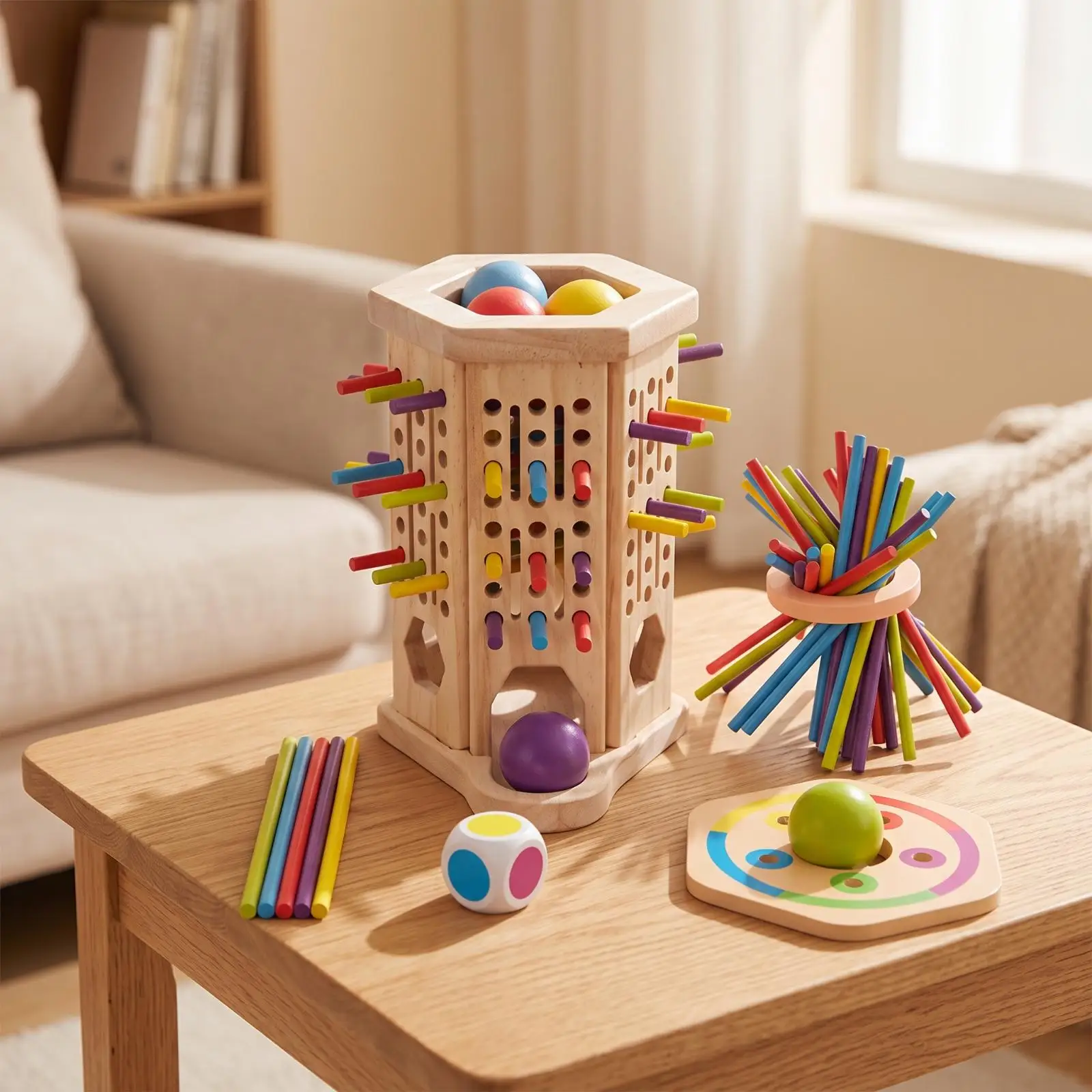 Wooden Children Game Hexagonal Stick Pull Toy Portable Tabletop Educational Family Play