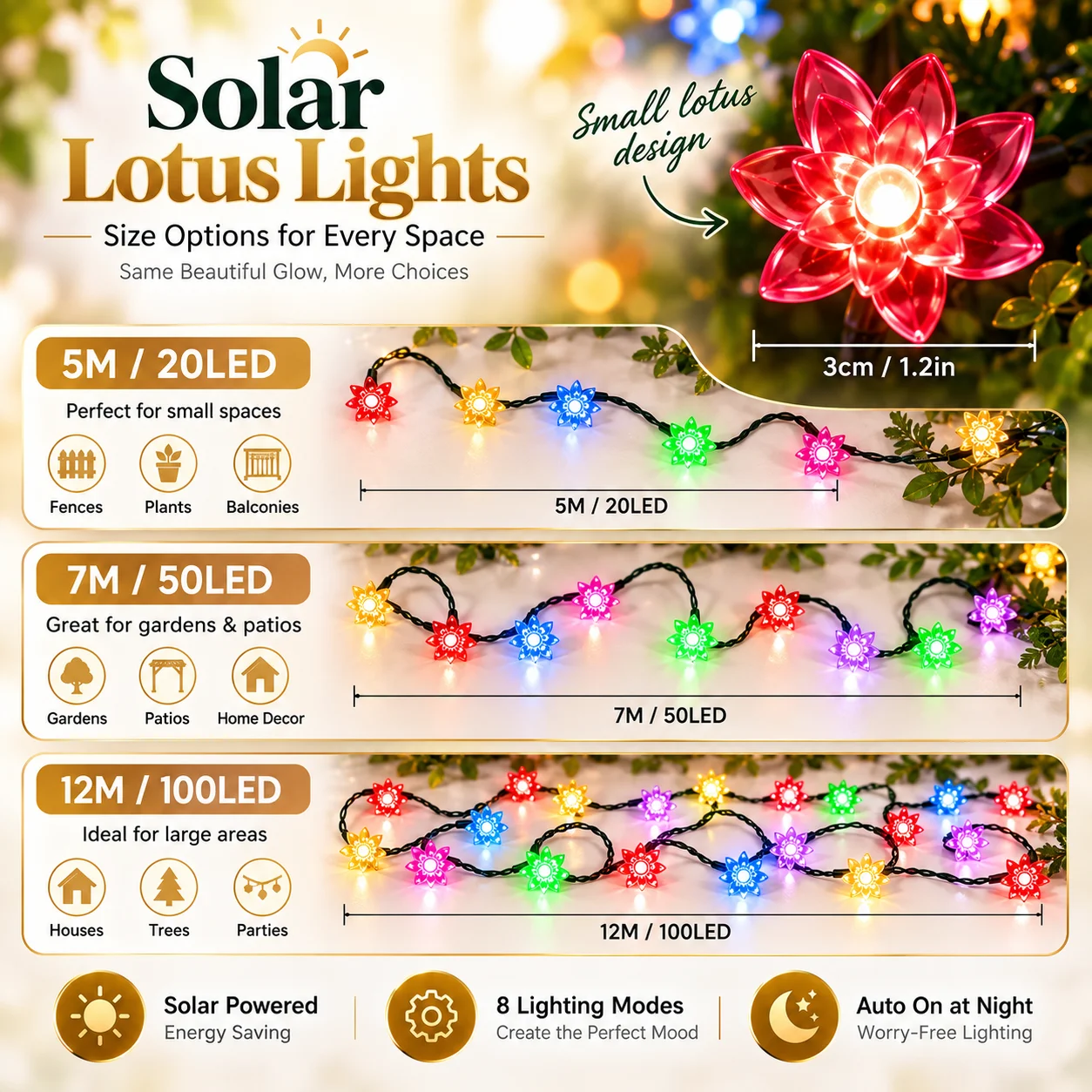 Christmas Lotus Flower Lights Solar Blossom Fairy String 20/50/100LED 8 Modes Auto On for Tree Garden Patio Fence Yard Party