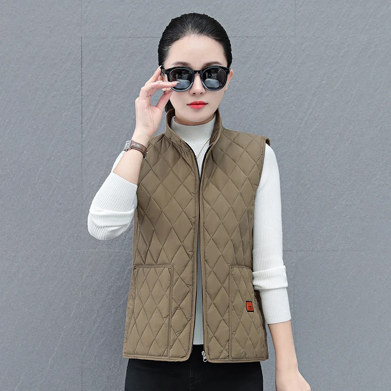 New Women'S Autumn Winter Casual Base Warm Down Cotton Vest Middle-Aged Mother Fashion Versatile Stand Up Collar Shoulder Coat