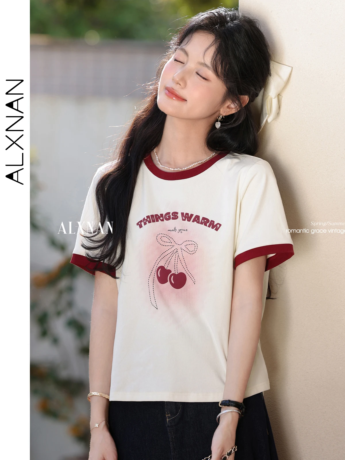 

ALXNAN Women's T-shirt 2025 Summer Elegant Sweet Block Color Printed T-shirt Casual Loose-fit Short Sleeve Tops Ladies L55715
