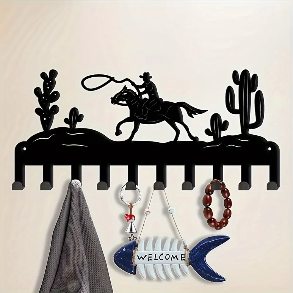 

Cowboy Cactus Metal Key Holder - Eclectic Wall Mount Hooks Rack with 10 Hooks - Easy Install Decorative Iron Hanger for Keys