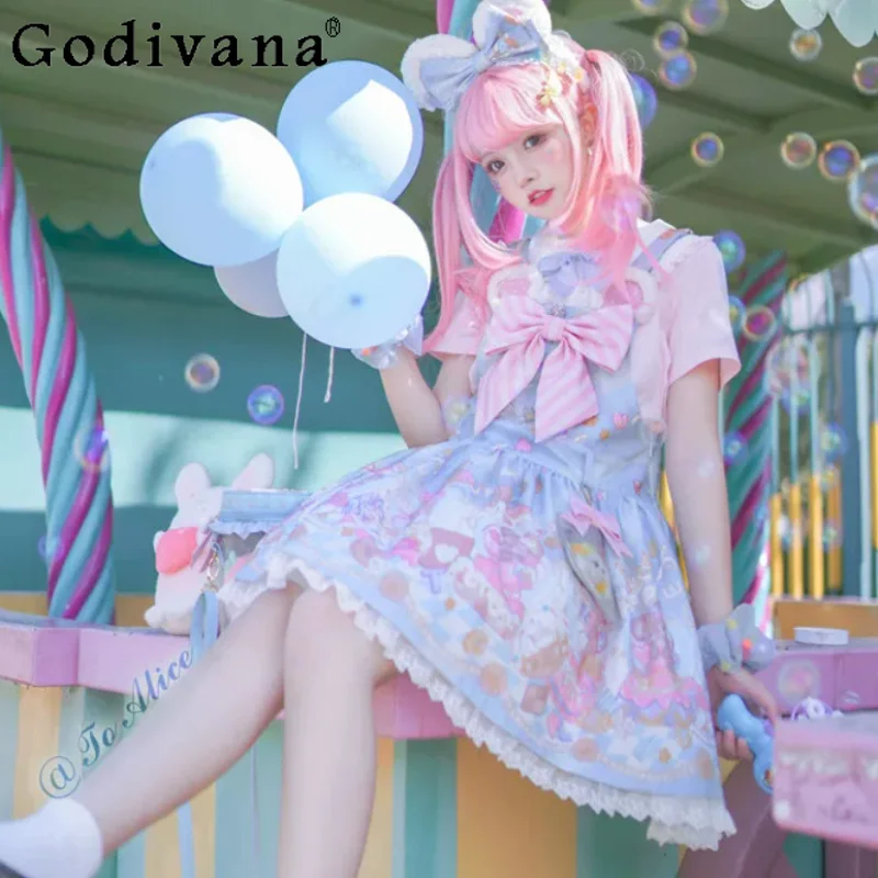 Sweet Pink Elegant Lolita Print Square Neck Low Waist Strap Dress Fashion High Waist A-line Versatile Age Reduction Fun Dresses