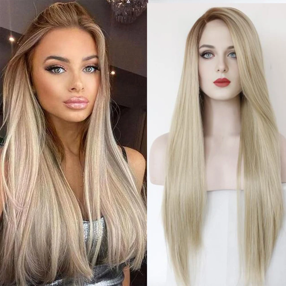 

Длинные Ombre Блондинка Парики Фронта Шнурка Синтетический Передний Парик Шнурка для Женщин Блондинка Длинные Многослойные Прямые Парики 26 Дюймов