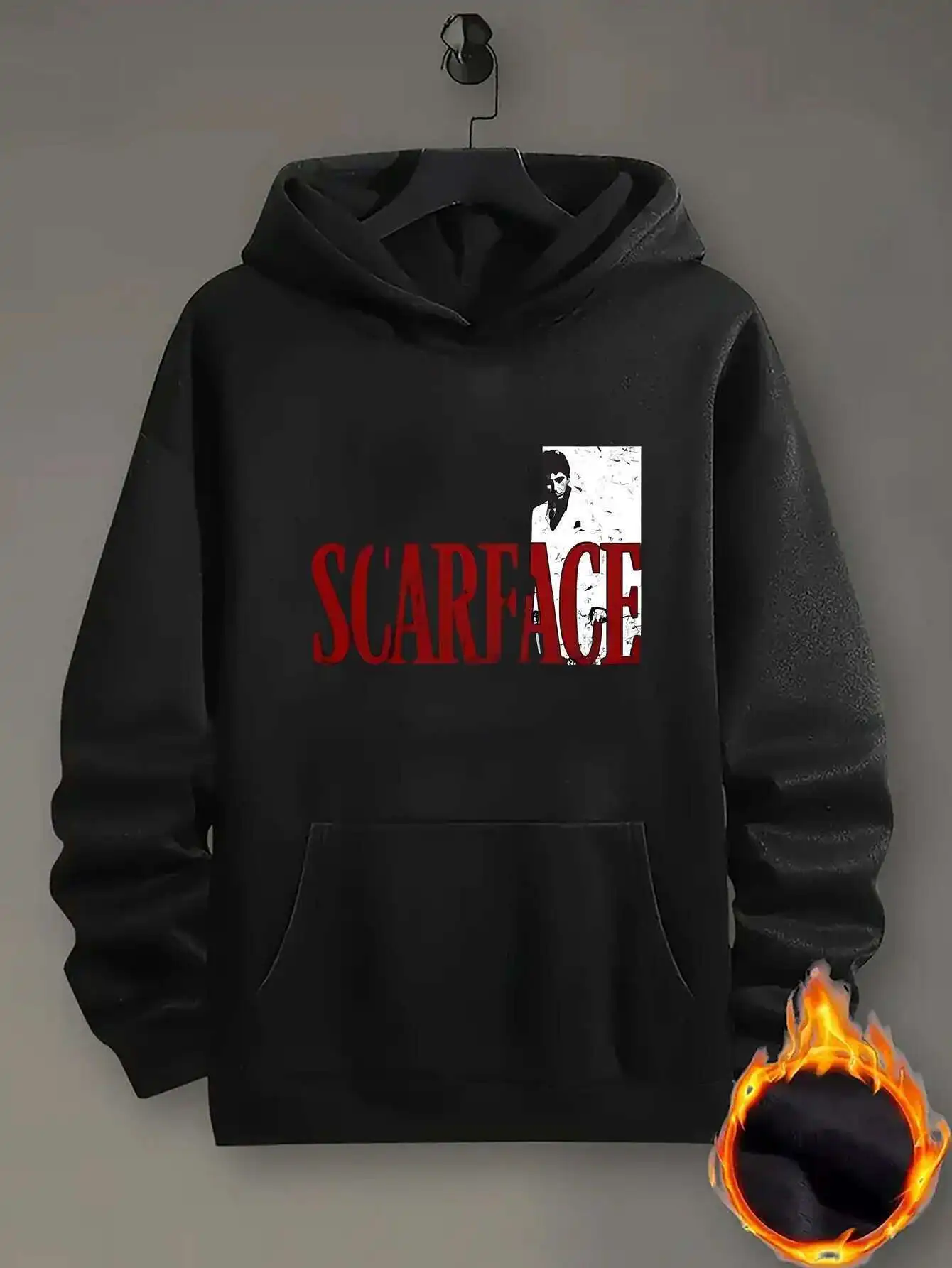 Men's Scarface Graphic Black Hoodie Movie Design Loose Fit Kangaroo Pocket Machine Washable Autumn Winter Casual Wear
