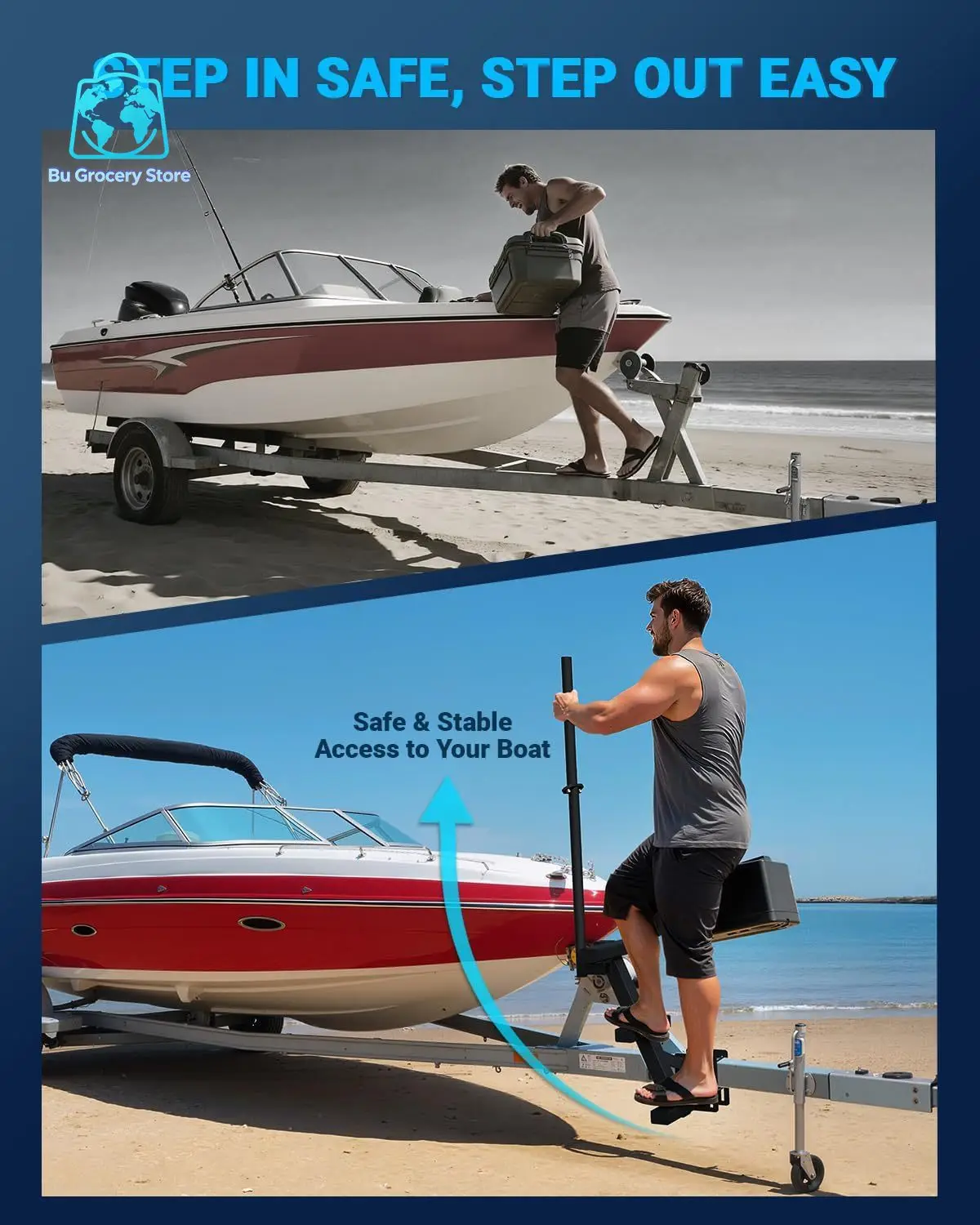 Boat Trailer Pedals with Handrails, Heavy Boat Boarding Pedal Ladder for Tow Hooks, Side Mount Anti-Slip 3