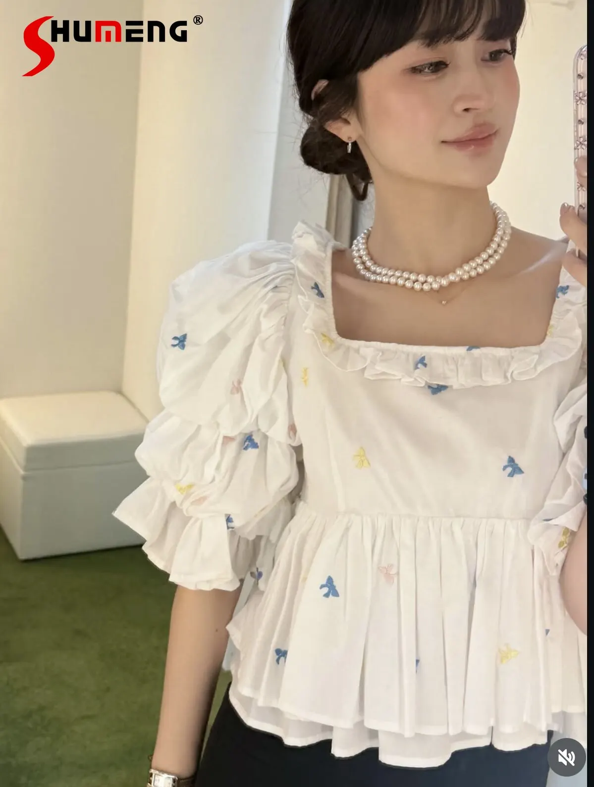 

Japanese Style Women's White Floral Puff Sleeve Blouse Square Neck Ruffle Hem Short Sleeve Top 2026 Summer Cute Casual Shirt