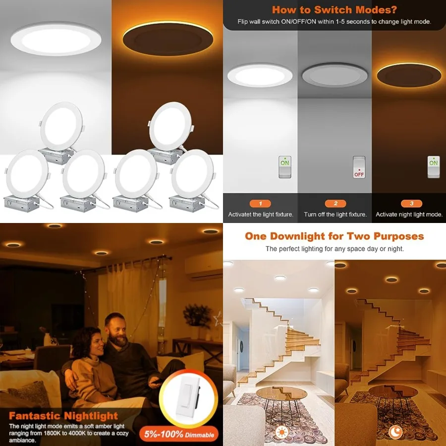 

Canless LED Recessed Lighting 6 Inch 6 Pack 5CCT Ultra-Thin Recessed Downlight Lights with Night Light Mode, 12W 1100LM Dimmabl
