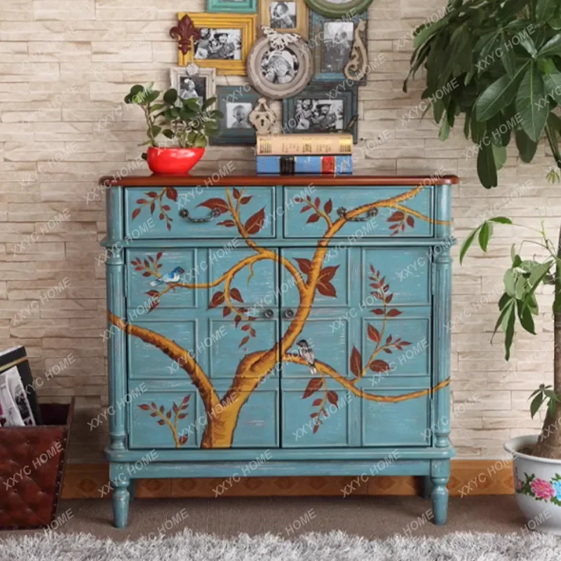 

Handmade solid wood shoe cabinet Art-type household painted shoe cabinet Entrance cabinet