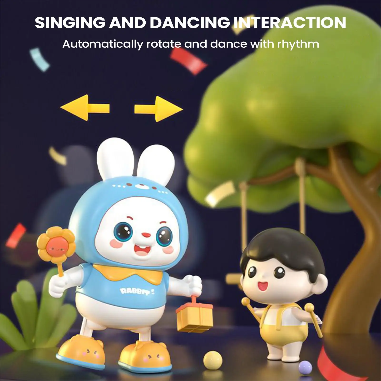 전기 춤추는 토끼 장난감 48곡 인터랙티브 펫 장난감 머리 들어올림 기능 포함 어린이 침실 놀이방 야간 조명 동반자 선물