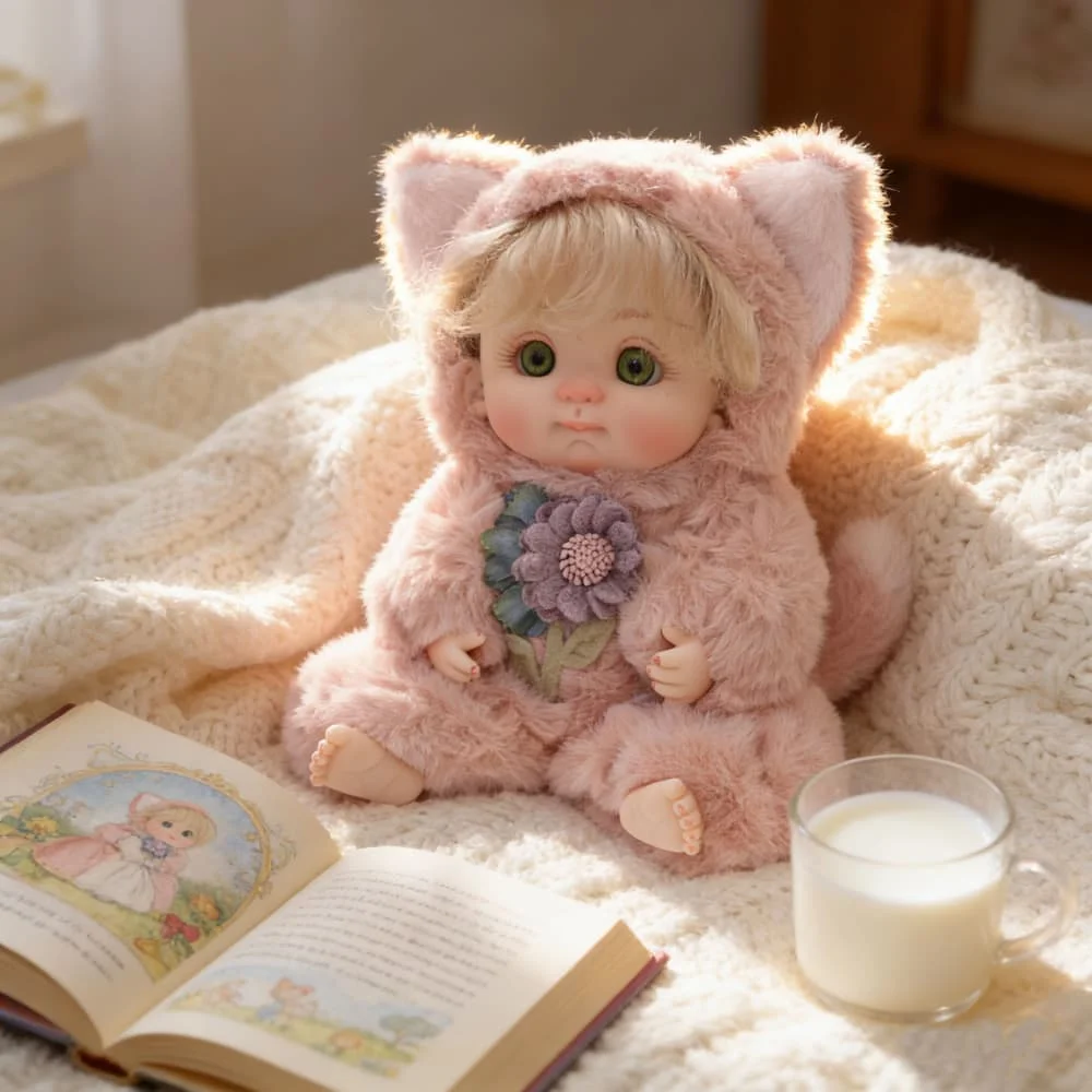 Cloveray authentique 10 pouces a été peint poupée reborn mignonne grands yeux rose en peluche oreille de renard jouet cadeau ornements de bureau pendentif de sac.