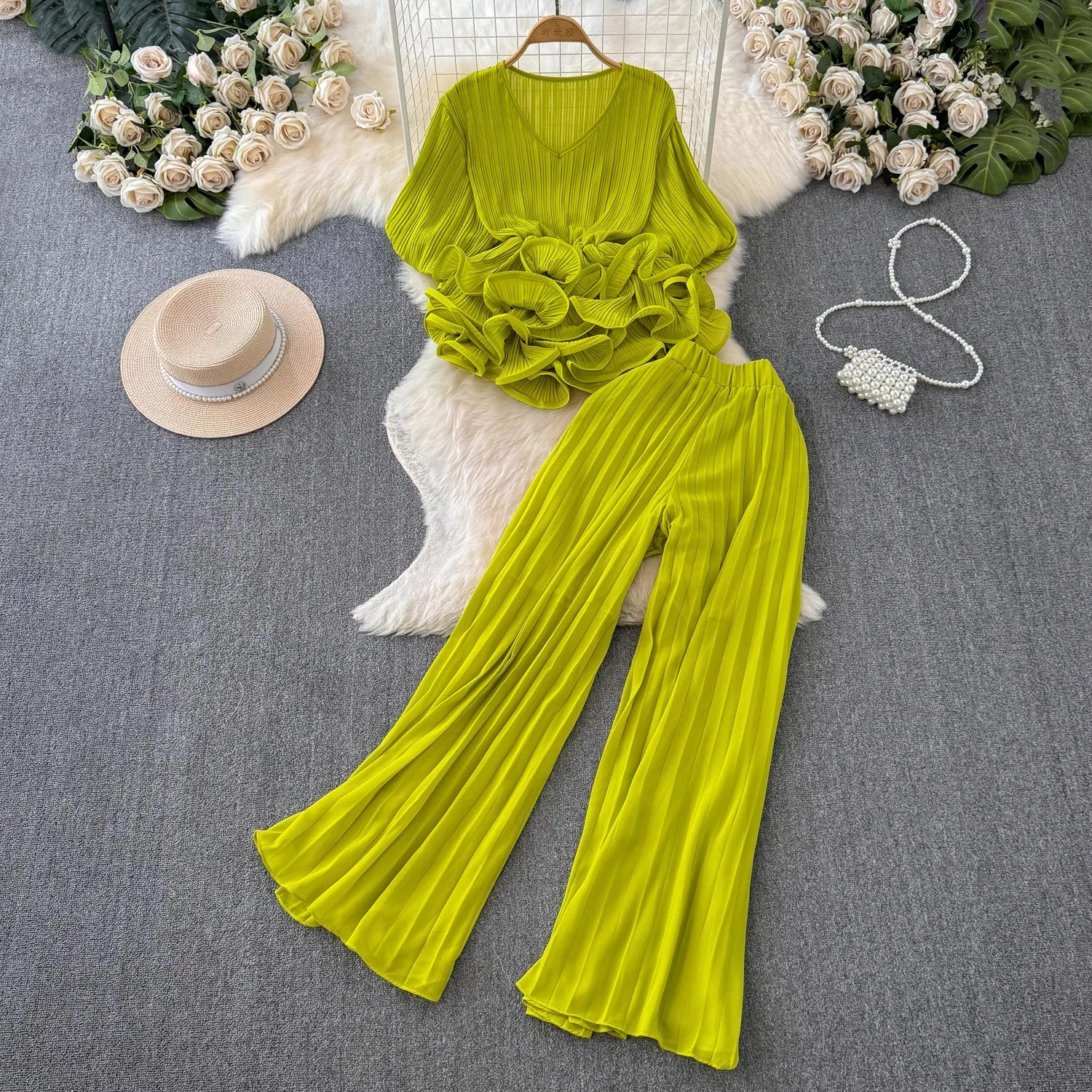 Elegant Summer Green Pleated Pants Set Women V Neck Puff Sleeve Ruffles Stretch Tops +High Waist Wide Leg Trousers Two Piece Set