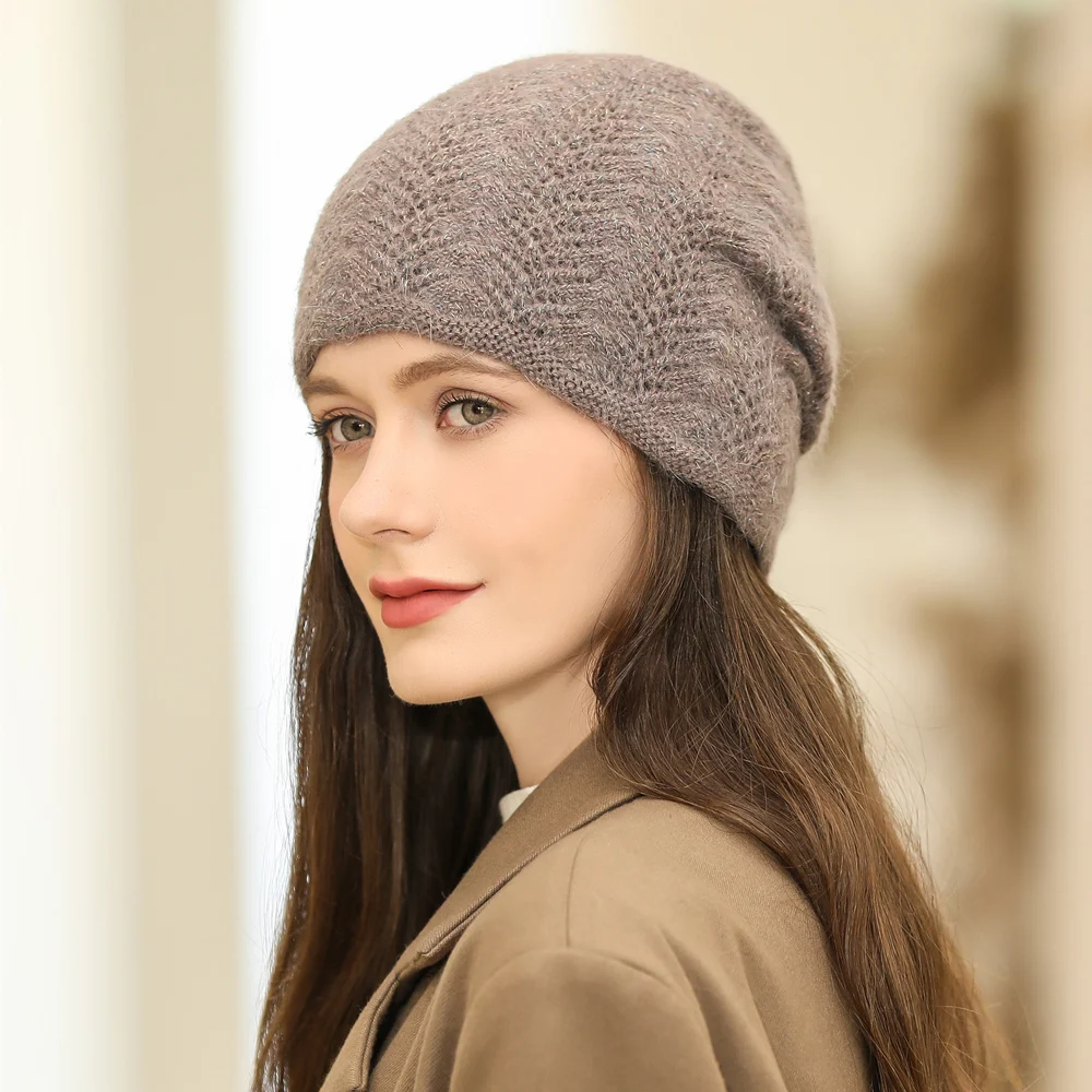 New Women Winter Hat Streetwear Rabbit Fur Blend Warm Cap Fashion Decorate Beanie Hat For Female Casual Knitted Hat