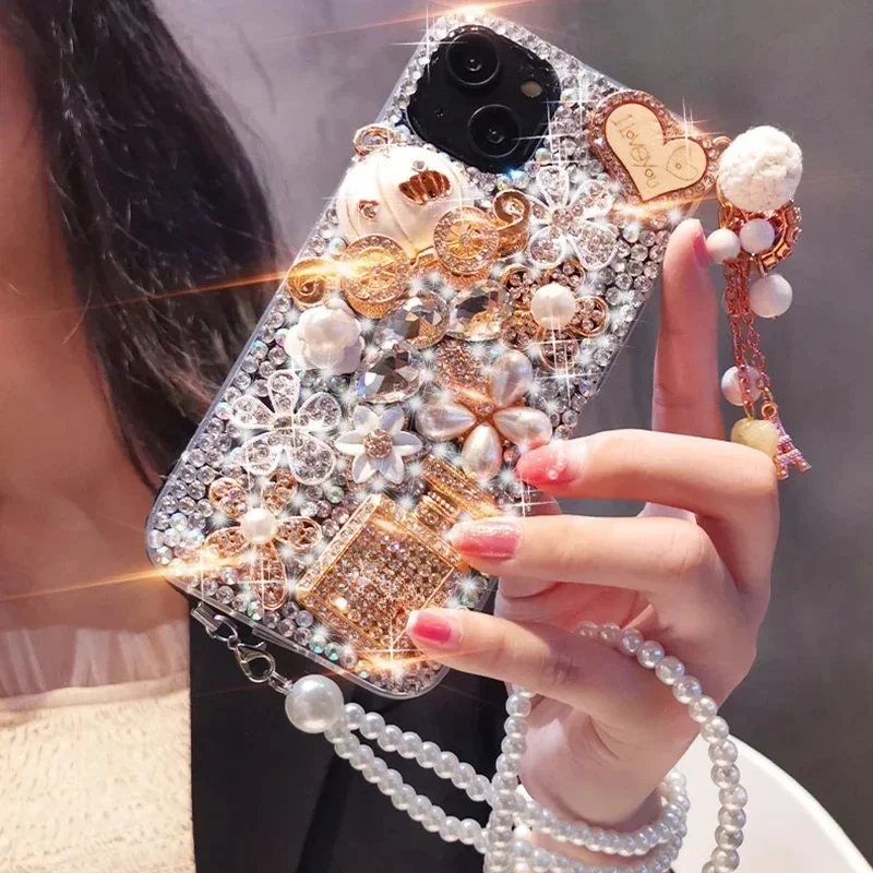 Rhinestone Pumpkin Cart Perfume Bottle Phone Cover, Pearl Crystal Flowers Case, Fit for iPhone16 15, 14 Pro Max, 13, 12, 11, X