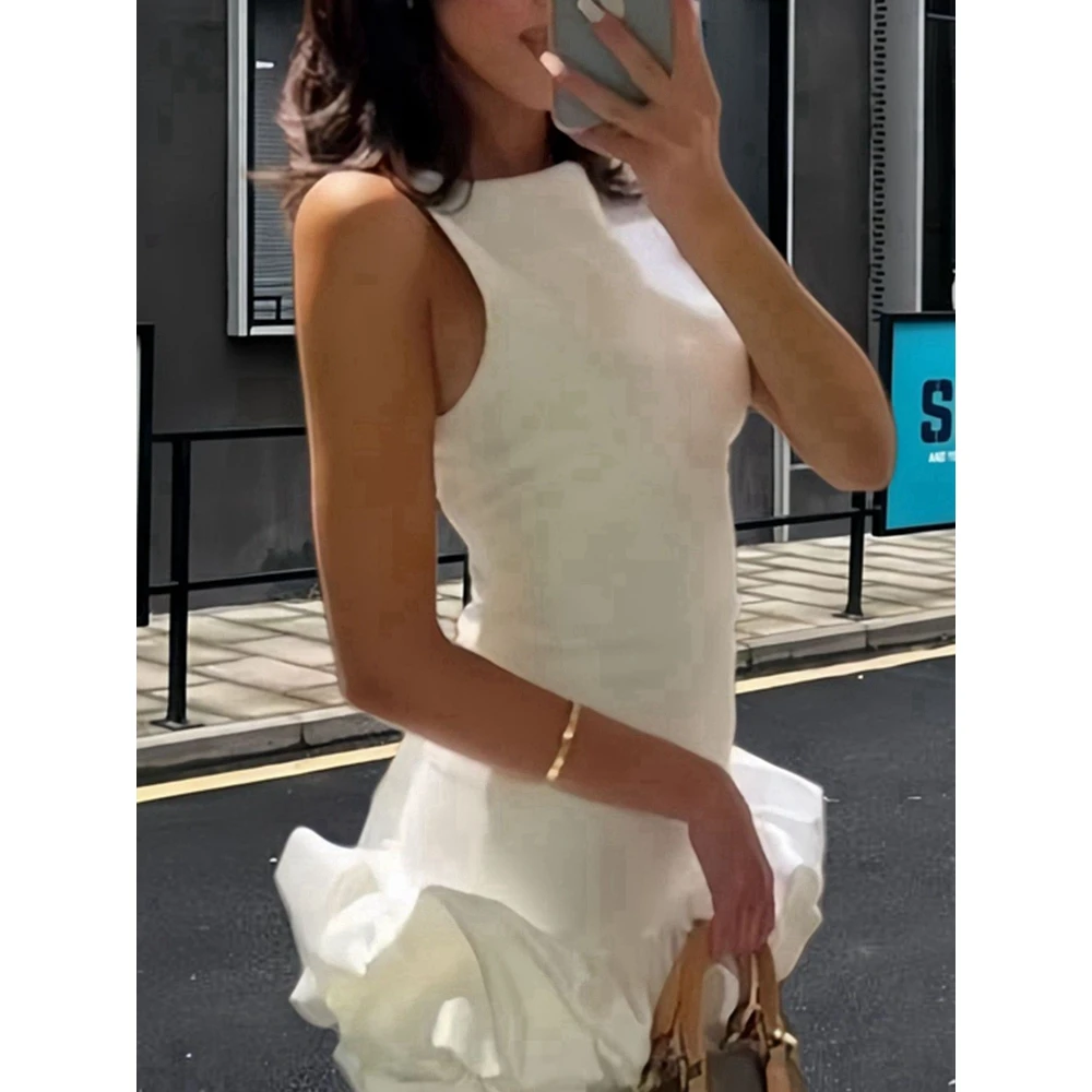 Women's Fashion Solid Color Sleeveless Mini Dress Blackless Frill Edible Tree Fungus Design Night Club Sexy Mini Dress for Woman