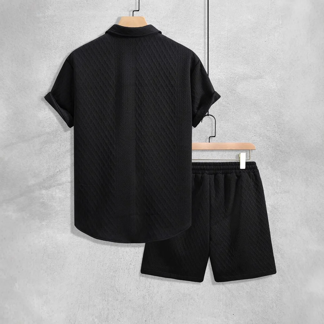 Summer New Men's Casual White Sportswear Shirt with A Lapel Men's Short-sleeved Button Shirt and Shorts Jacquard Texture Suit view 4