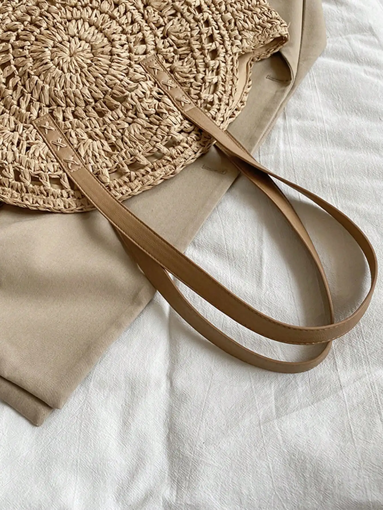 حقيبة يد نسائية دائرية منسوجة ذات سعة كبيرة - تصميم مجوف، مادة خوص، شاطئ/صيفي عصري ضروري لـ #6