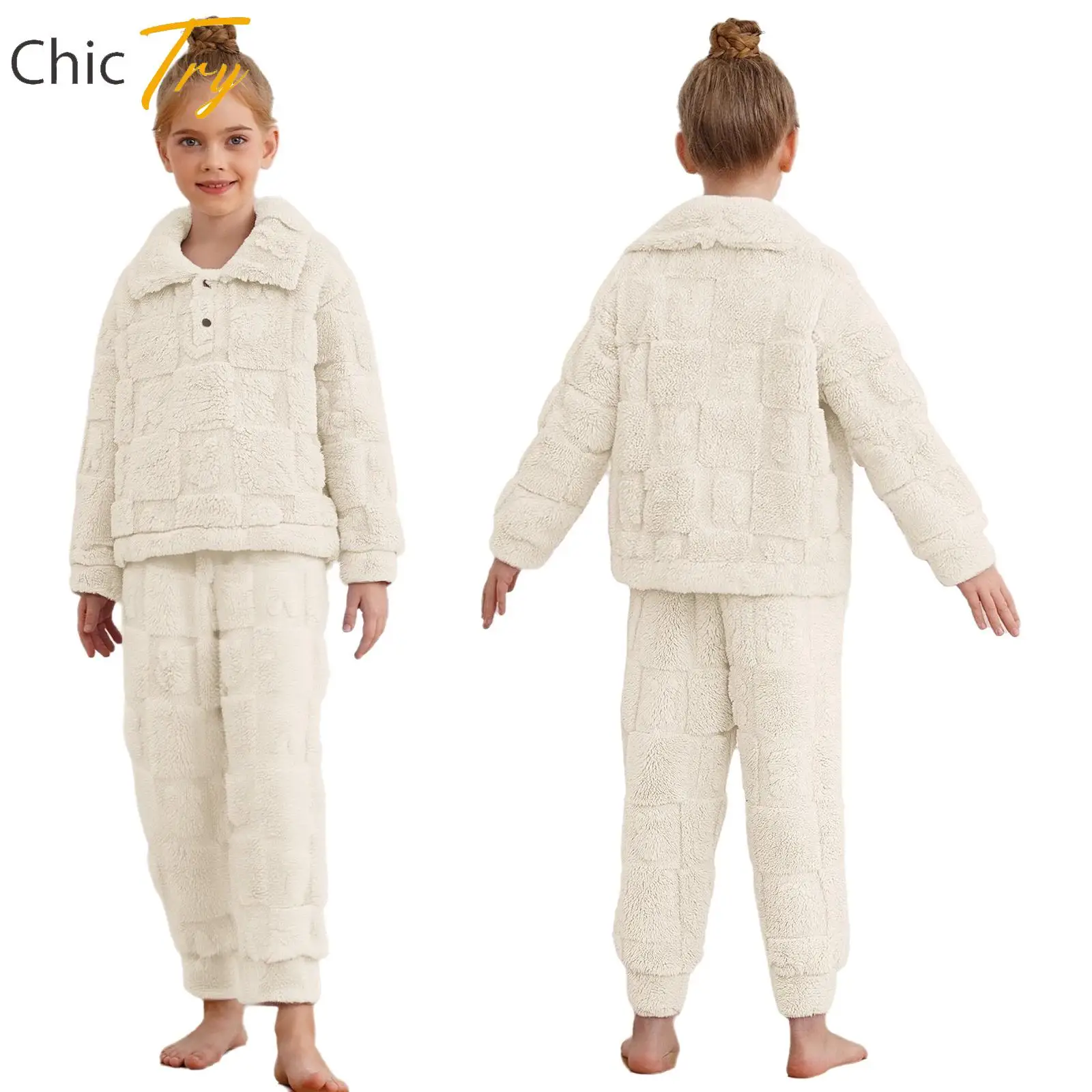 

Children Girls Fuzzy Flannel Pajama Set Casual Holiday Party Wear Sleepwear Homewear Long Sleeve Pullover Top+Stretchy Pants