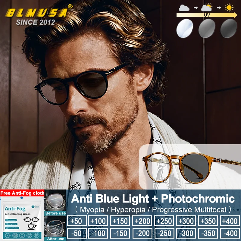 

Очки для чтения BLMUSA (S) с прогрессивными линзами, круглой оправой, в стиле ретро, для мужчин, с защитой от синего света, фотохромные, UV400