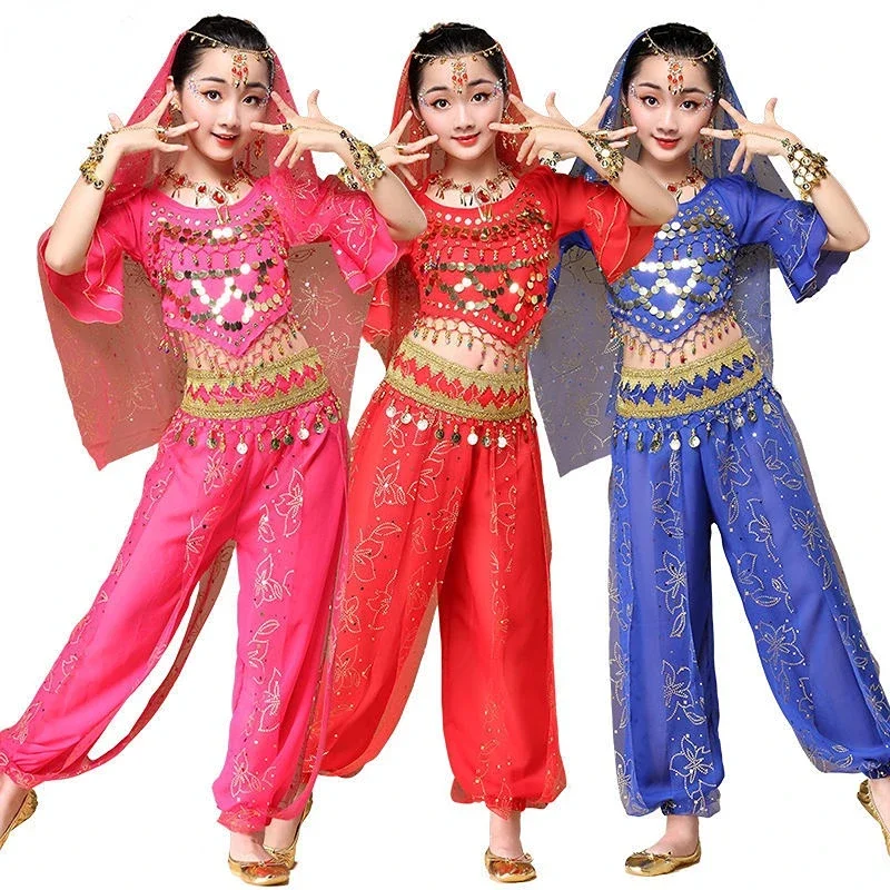 Ensemble de Costumes de danse du ventre pour enfants, robe indienne orientale pour filles, vêtements de danse indienne Bollywood, Costume de spectacle sur scène