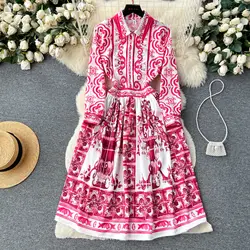 JAMERARY Fashion Runway Red Blue White Porcelain Print Dress Shirt Women Long Sleeve Midi Robe A Line Pleated Floral Vestidos