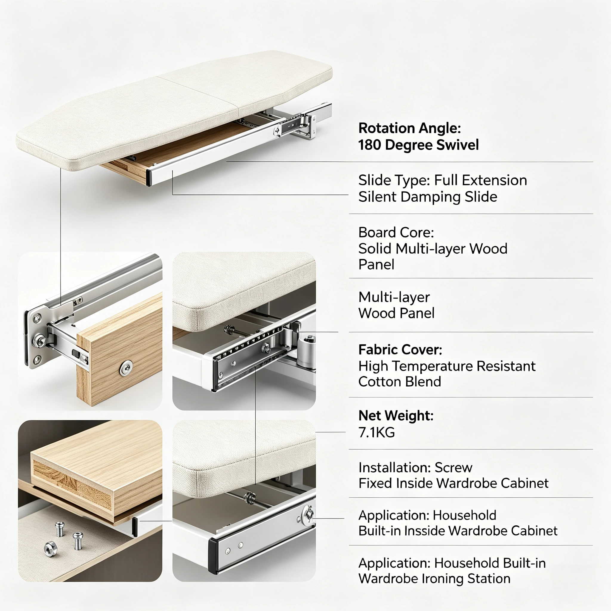 Foldable Rotatable Ironing Board With Double Buffer Retractable Space Saving Clothes Ironing Table