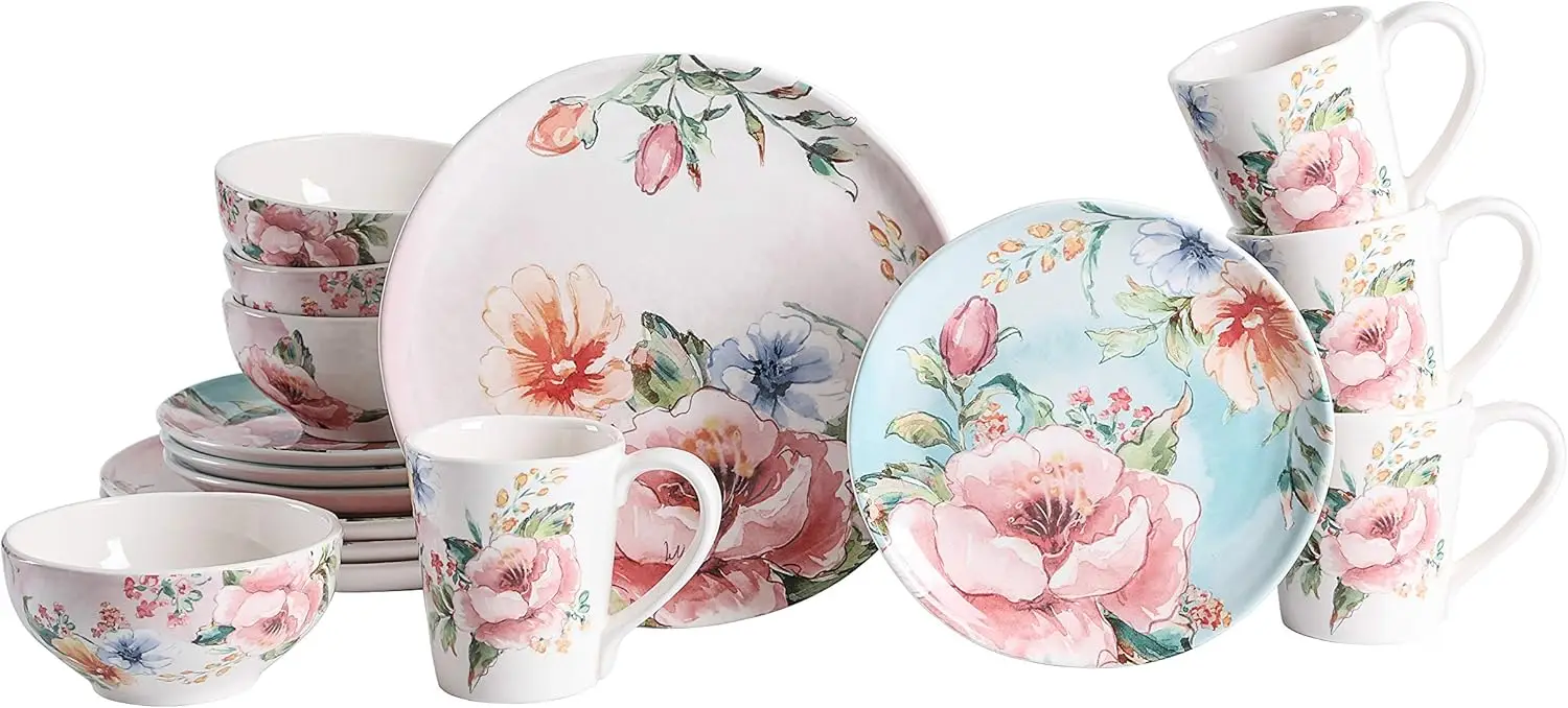 

Margret's Garden Ceramic 16 pcs Dinnerware Set, Service for 4, Inclusive of 11 inch Dinner Plates, 8.75 inch Salad Plates, 24oz