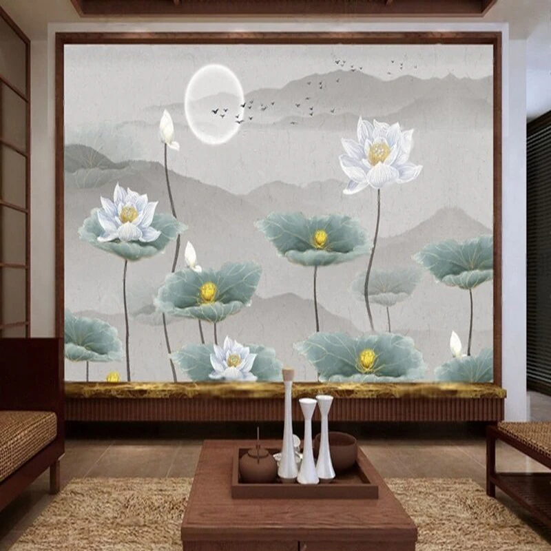 Chinese-style ink-wash mountain lotus simple and fashionable grey TV luxurious home decoration bedroom background wall
