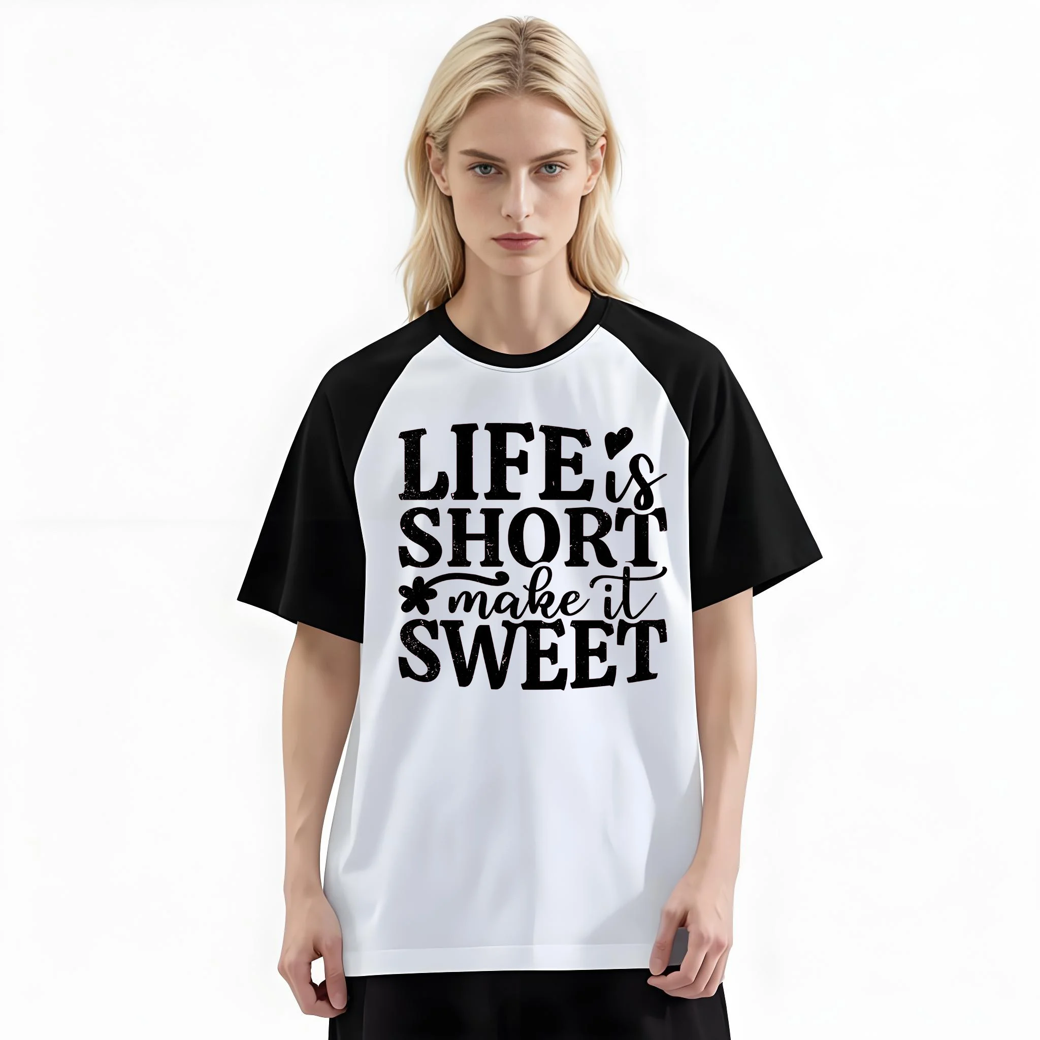 Women'S Fashion Raglan Sleeve T-Shirt, Life Is Short Make It Sweet Vintage Black Printed, Summer Casual Comfortable Tee, Women'S Everyday Short-Sleeve Top