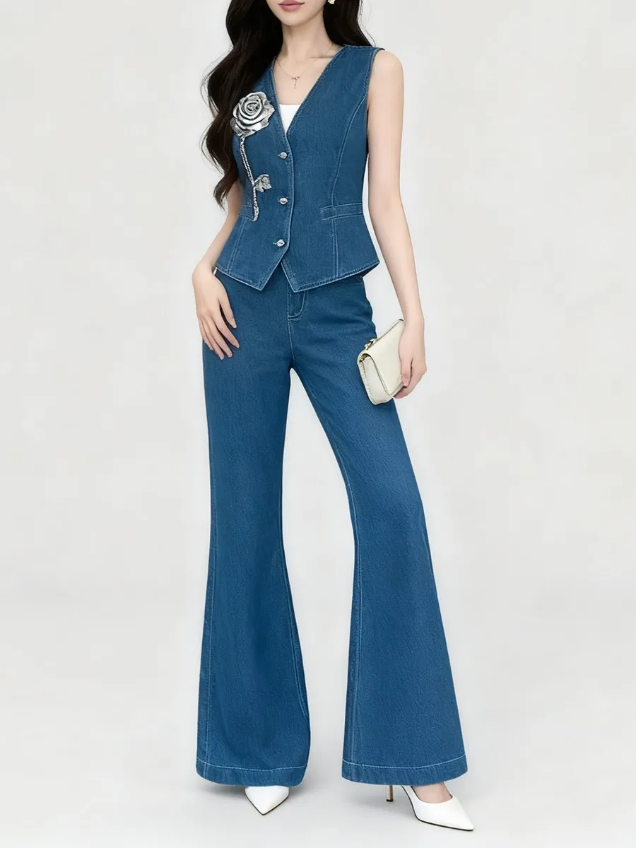 TWOTWINSTYLE Abnehmen Cowboy Zwei Stück Sets für Frauen V-ausschnitt Ärmellose Verstärktes Perle Top Hohe Taille Hose Mode Set Weibliche Neue