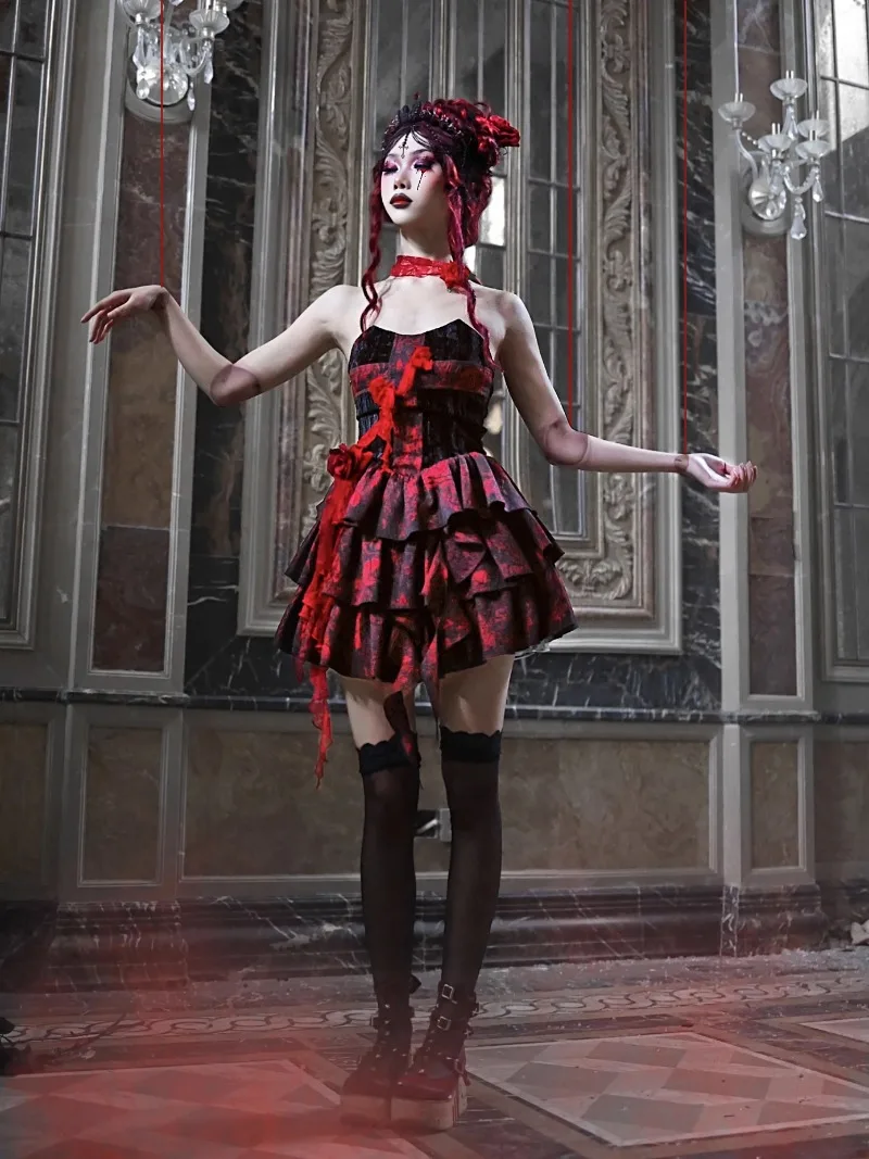 Vestido acampanado con parte superior de tubo cruzado de Jacquard para mujer, Original japonés, gótico, tridimensional, diseño de rosa, industria pesada