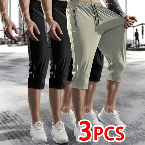 Imagen 1 del producto Juego de 3 pantalones capri informales para deportes al aire libre para hombre, hechos de tela de punto de alta elasticidad, color sólido, diseño de pierna recta, Fea