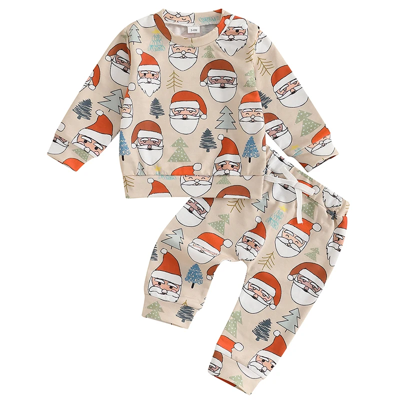 Baby 2-delige herfstoutfit Kerstman Kerstboomprint Sweatshirt met lange mouwen en elastische broek voor pasgeborenen