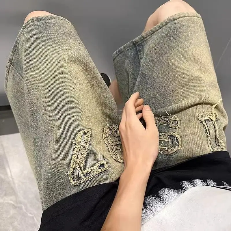 Get Men's Washed Distressed Vintage Denim Shorts with Straight Leg Cut and High Street Fashion for Urban Street Style