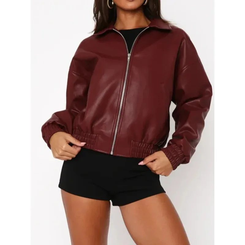 Chaqueta de cuero para mujer, estilo casual y elegante, color rojo vino, con solapa, cuello en V, manga larga, cremallera, holgada, cálida y corta.