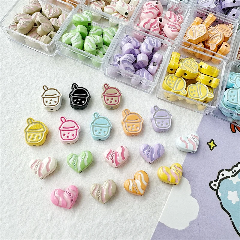 10Pcs Kawaii Colored Milk Tea Charms Beads Heart Shaped String Bead Baked Paint Alloy Hole Beads For Diy Bracelet Kit Accessory