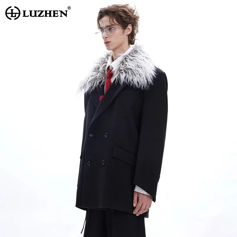 LUZHEN Twill Design Original Handsome High End Suit Padded Shoulder Detachable Fur Collar Double Breasted Social Blazer LZ8190