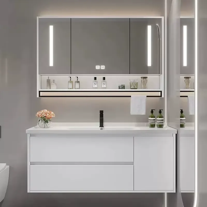 Modern Bathroom Vanity Cabinet with Smart Mirror and Ceramic Basin Wall-Mounted Solid Wood Multilayer Vanity Unit for Hotel