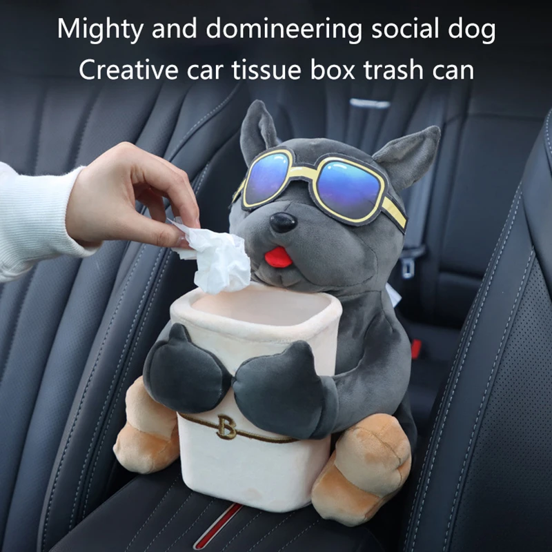 

Car Mounted Tissue Box 2-in-1 Cartoon Plush Doll Auto Armrest Box Hanging Paper Drawer Storage Car Trash Can And Tissue Holder