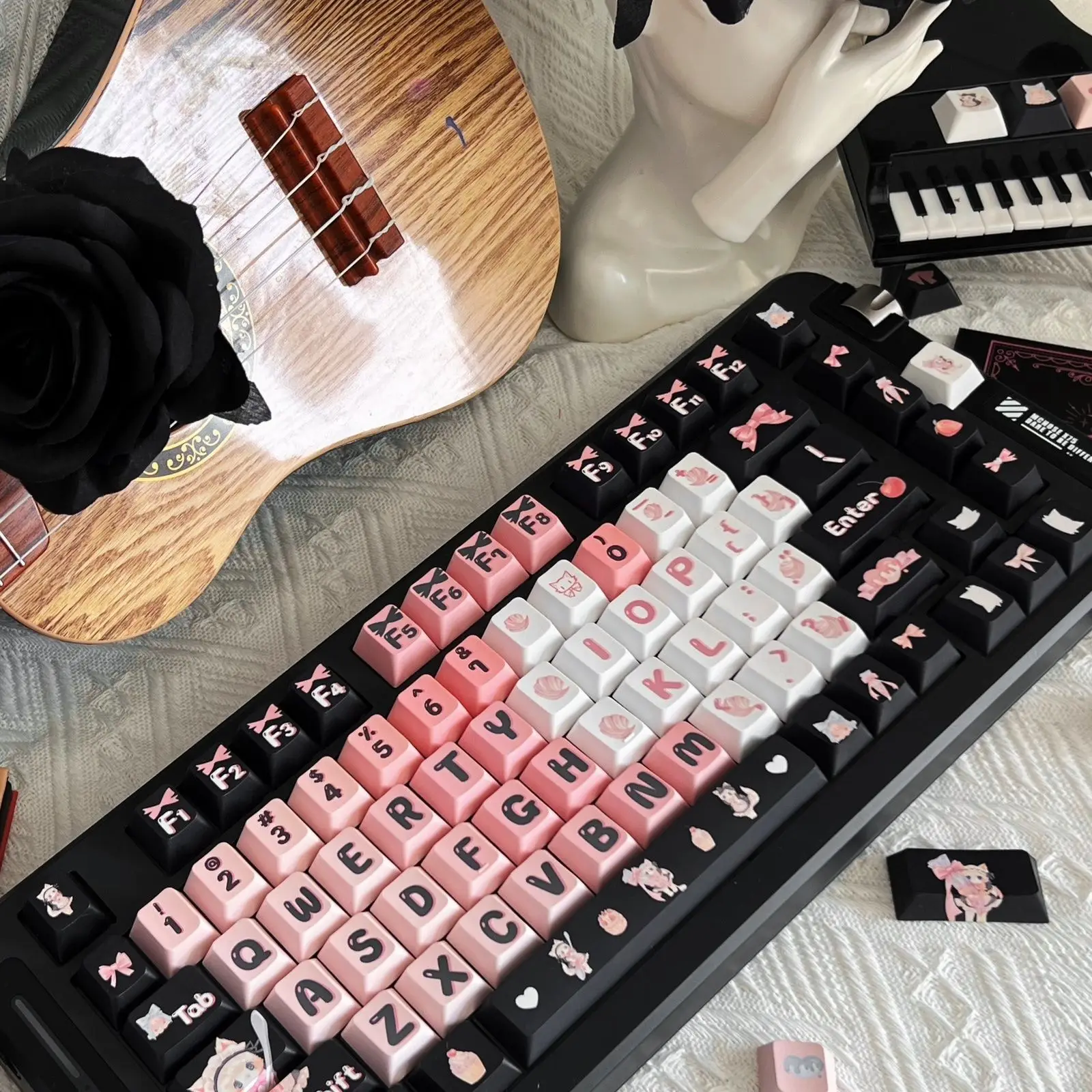 Maid Cat Cute Black Pink Keycaps Cherry Profile PBT Height  Thermal Sublimation Mechanical Keyboard Key Caps For Girls Gift