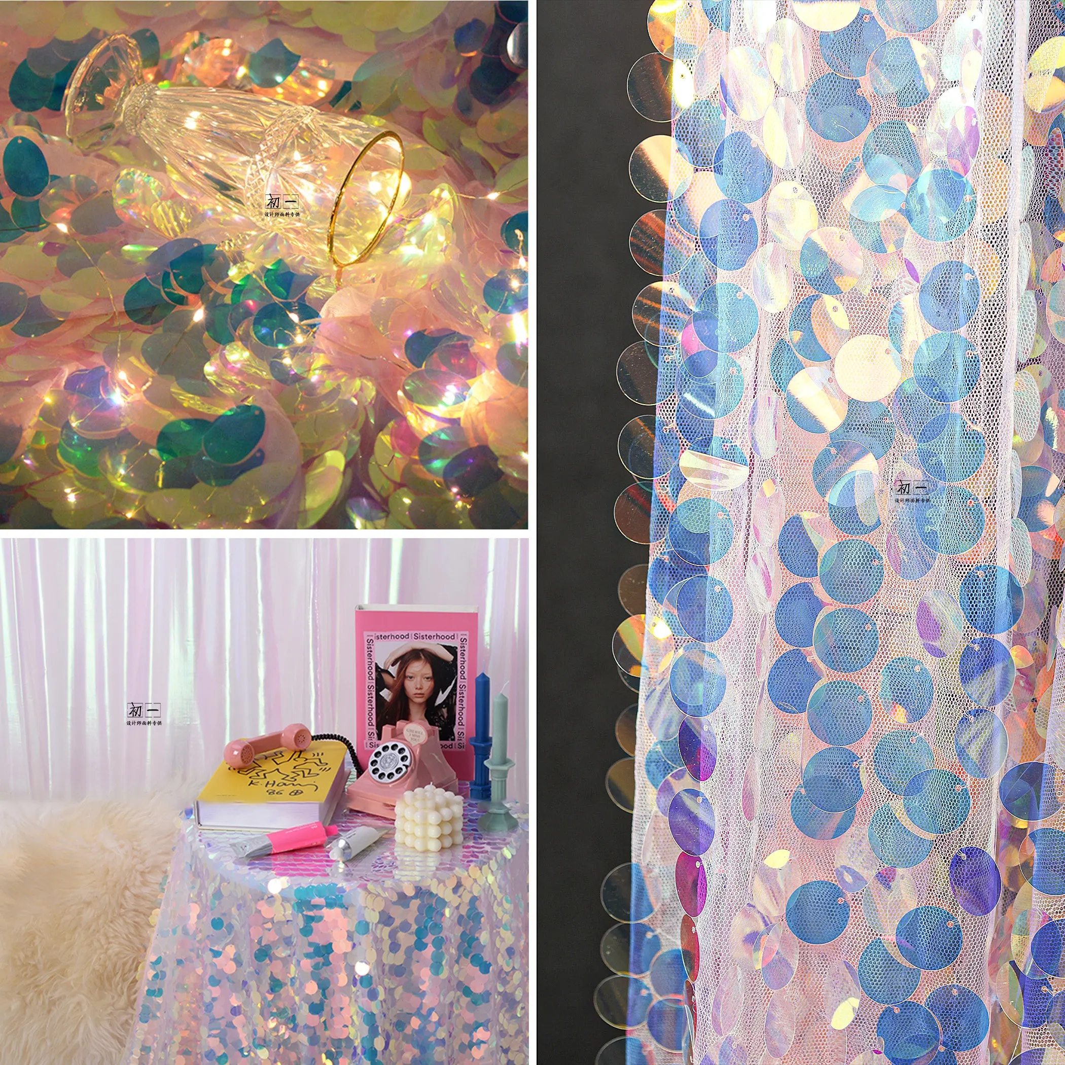 Iridescent scale large sequins, round sequin mesh, iridescent decorative background cloth, sequin wedding dress designer fabric