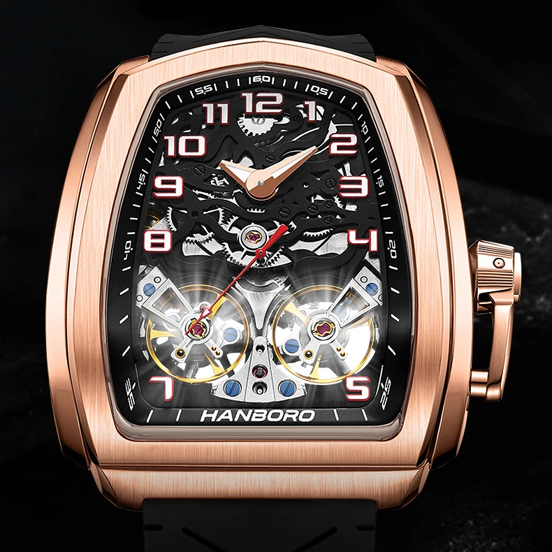 HANBORO Men Luxury Watch Watches Fashion Watch Automatic Mechanical Wristwatch Luminous 50M Waterproof Skeleton Dual Flywheel