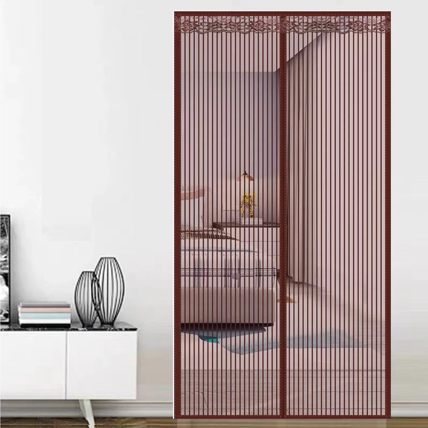 Extra Large Brown Magnetic Screen Door with Stainless Steel Mesh - Mosquito Proof Breathable Summer Home Use No Drilling Require