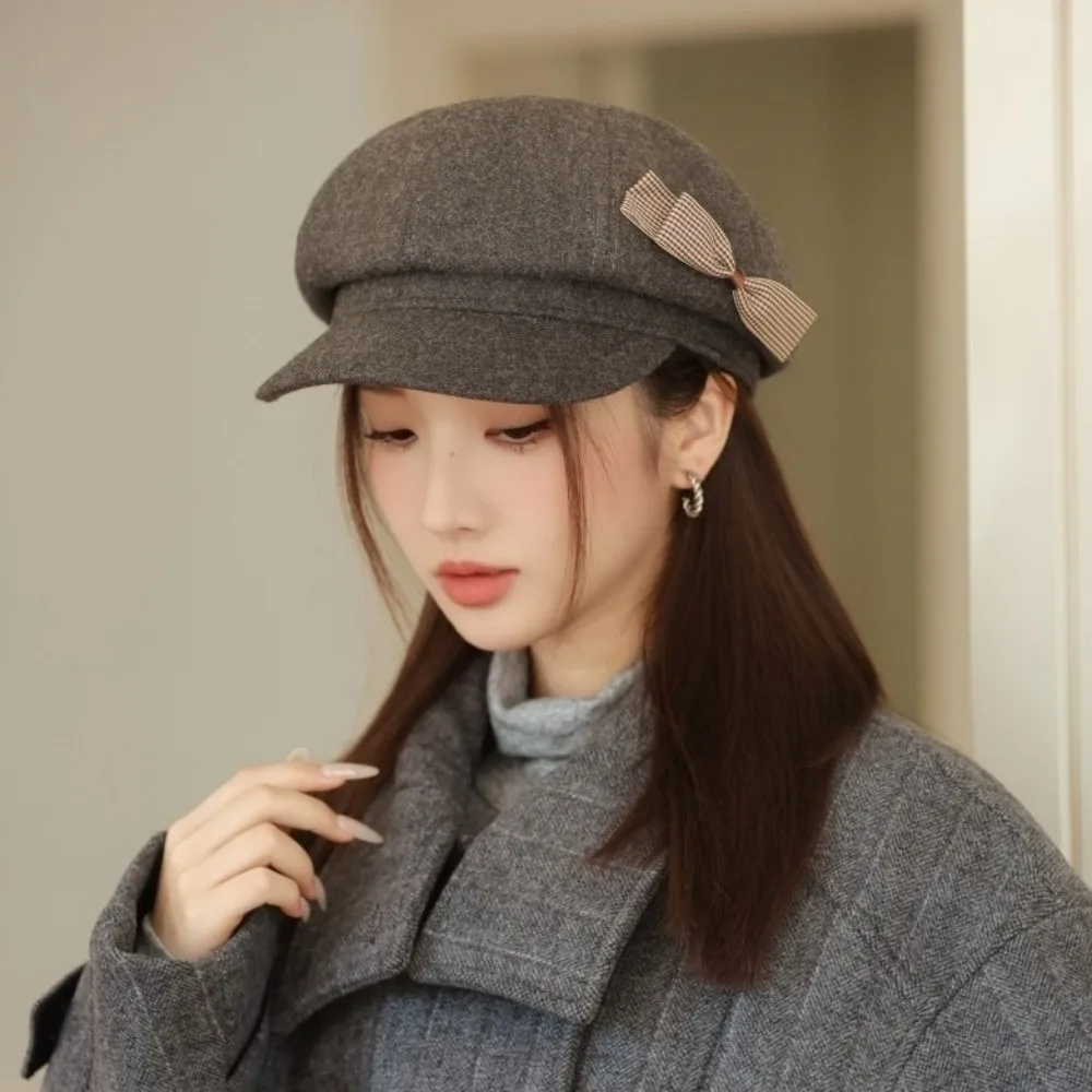

Fashion Wool Bow Beret Solid Color Big Head Circumference Newsboy Hat Korean Style Y2k Octagonal Cap Female