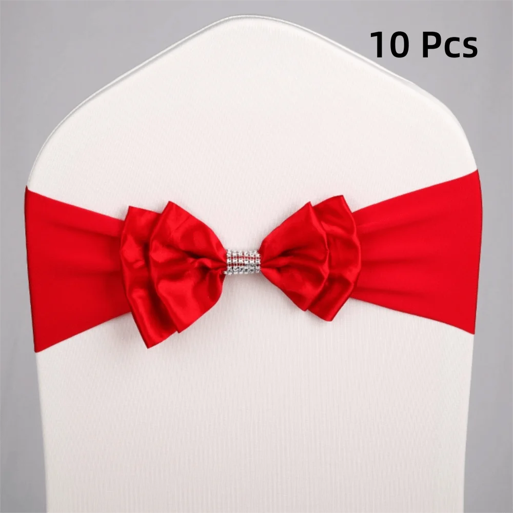 10PCS Spandex Band Satin Bow Chair Sash Elastic Double Layer Chair Bow Ties Free Tie Solid Color Chair Bowknot Decorations
