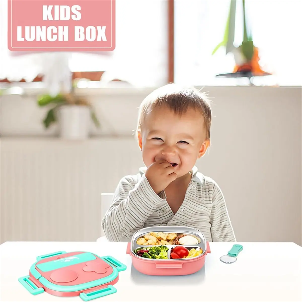 2026 NEW Stainless Steel Kid Bento Box,Leak Proof,3-Compartment,Lunch Box with Cutlery-Ideal Portion Sizes for Ages 1 to 3 Pink