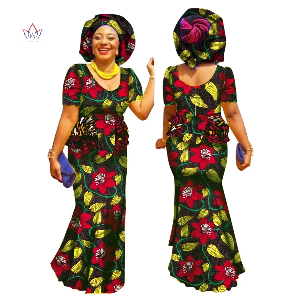 

New African Dresses For Women Summer Work Skirt Set Designed Clothing Traditional Bazin Print Riche Plus Size Natural WY1576