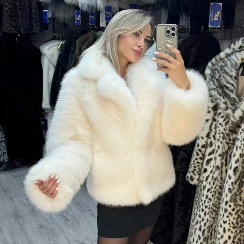 Veste de luxe en fausse fourrure pour femmes, manteau chaud à revers, taille haute, coupe ample, Streetwear de banlieue, hiver 2025
