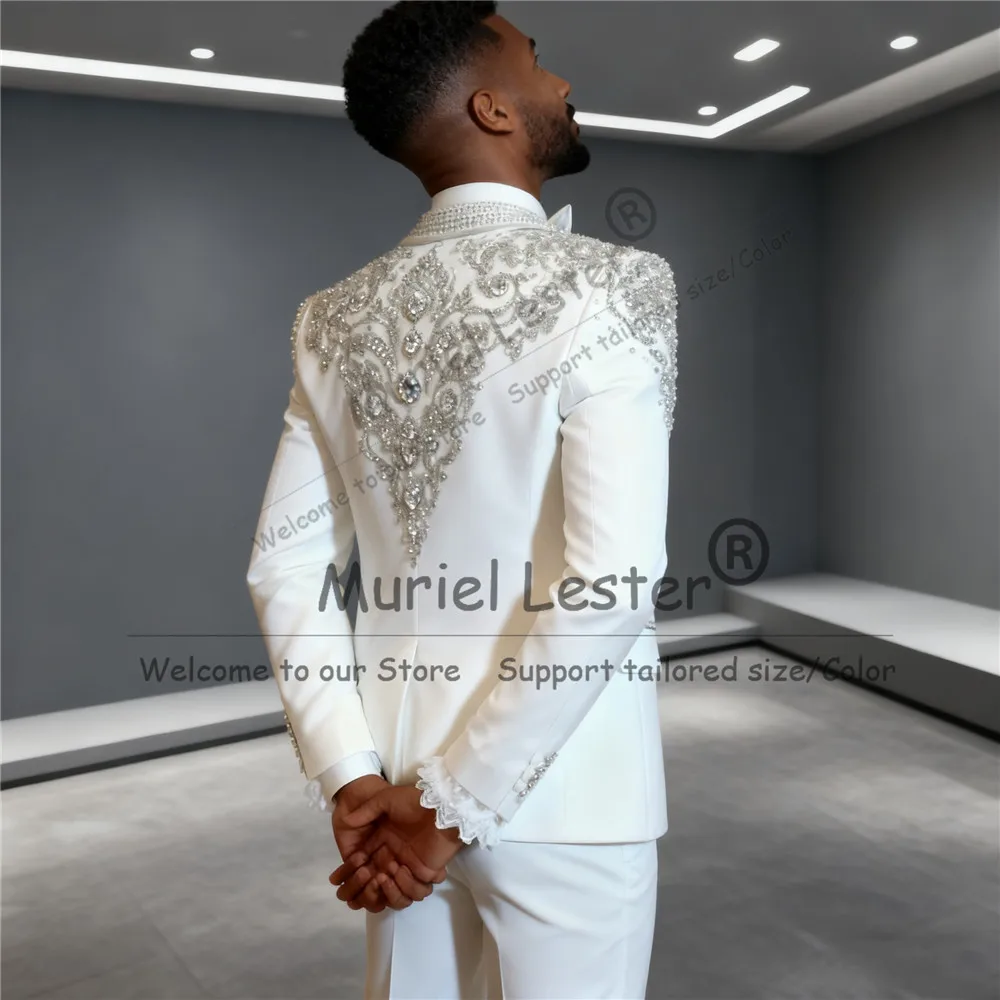 메탈릭 주얼리 스톤 장식 웨딩 수트 턱시도 맞춤 제작 3피스 세트 비즈 장식 신랑 블레이저 슬림핏 남성 연회복